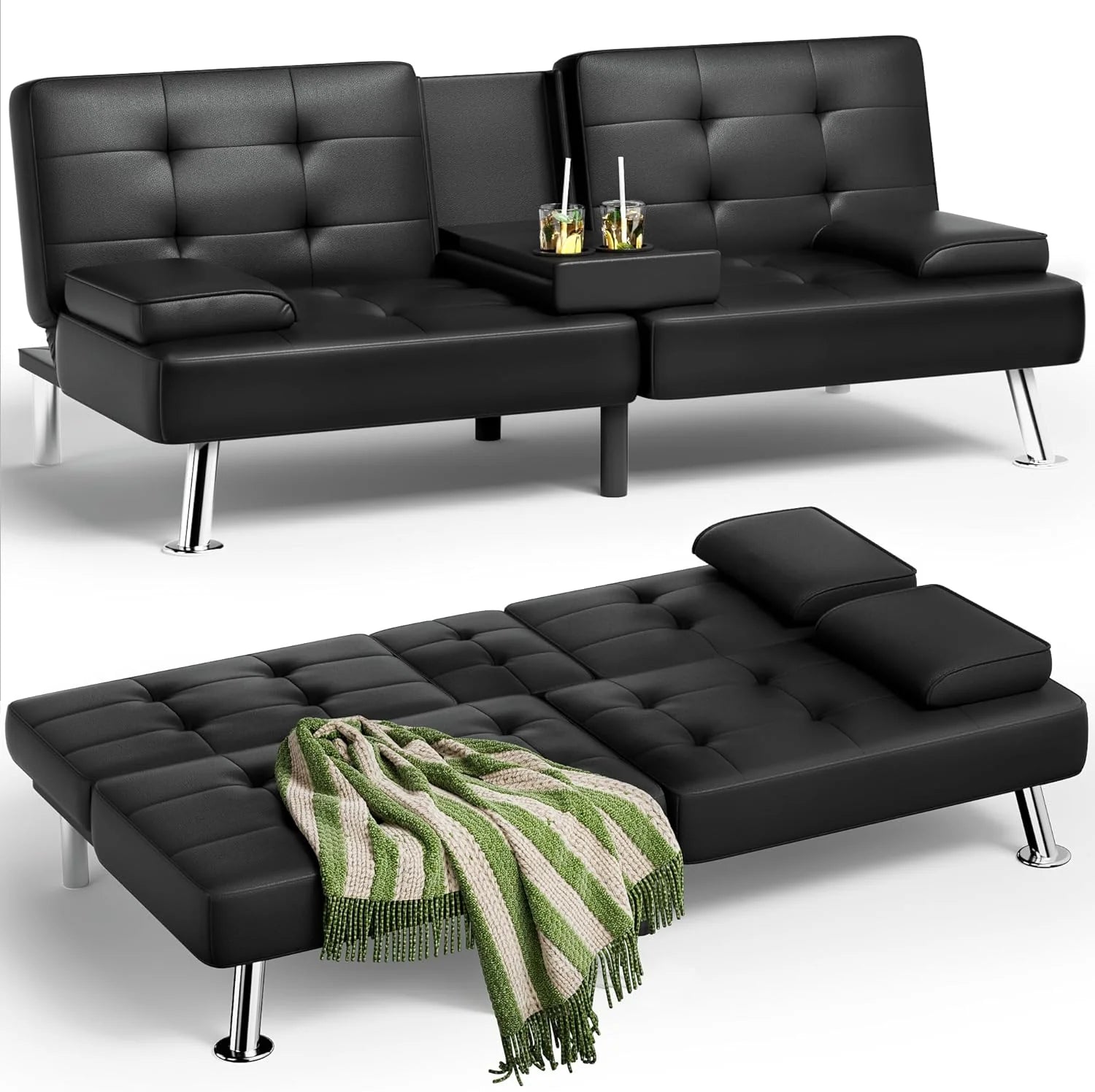 Futon Sofa Bed, Leather Futon Couch with Removable Armrests, Adjustable Recliner Sleeper Sofa Bed with Dual Cup Holders for Living Room, Apartment, Office (Black)