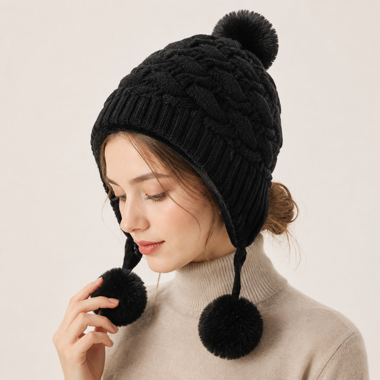 Women's Rabbit Fur Blend Knitted Beanie Hat with Pom Pom - Warm Winter Adjustable