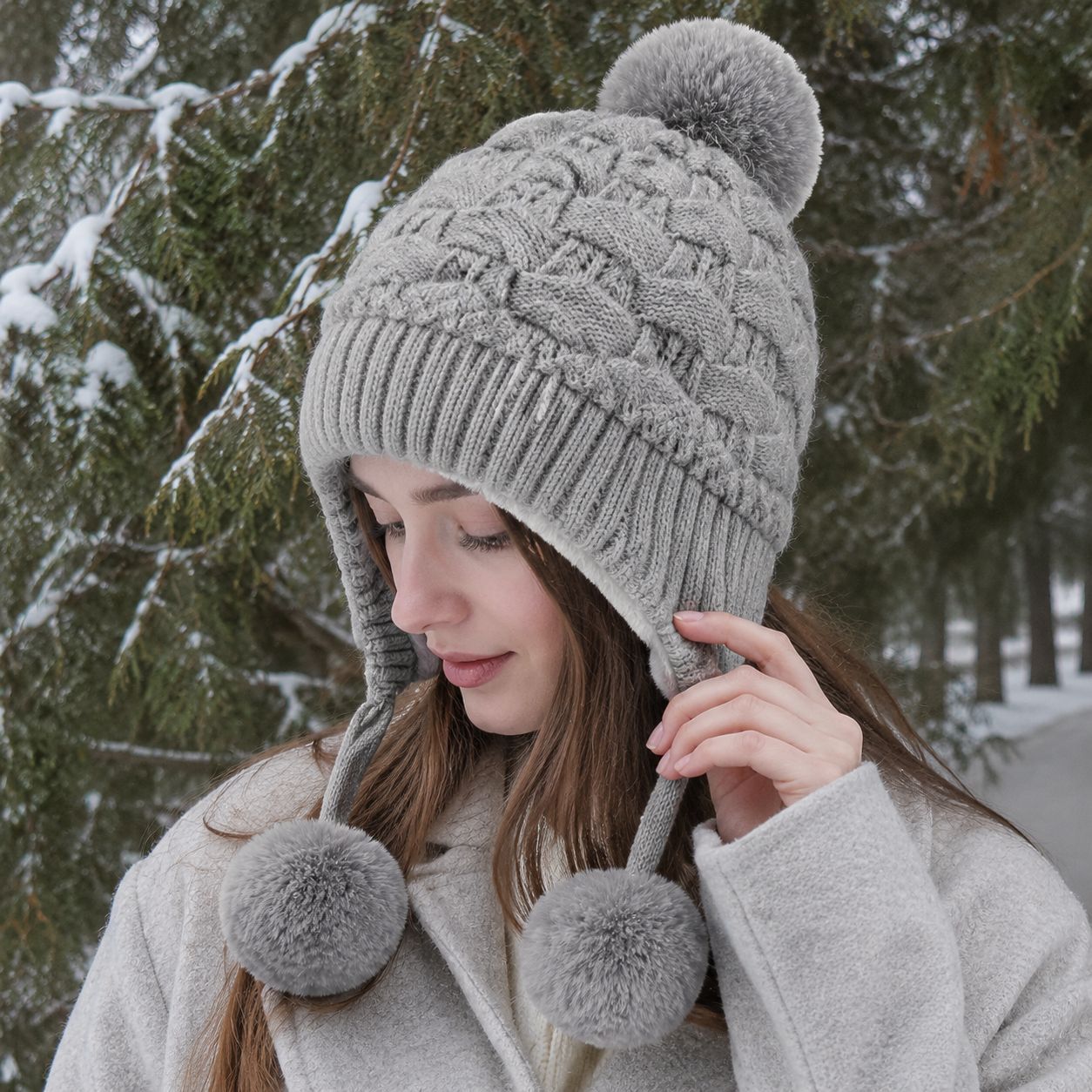 Women's Rabbit Fur Blend Knitted Beanie Hat with Pom Pom - Warm Winter Adjustable