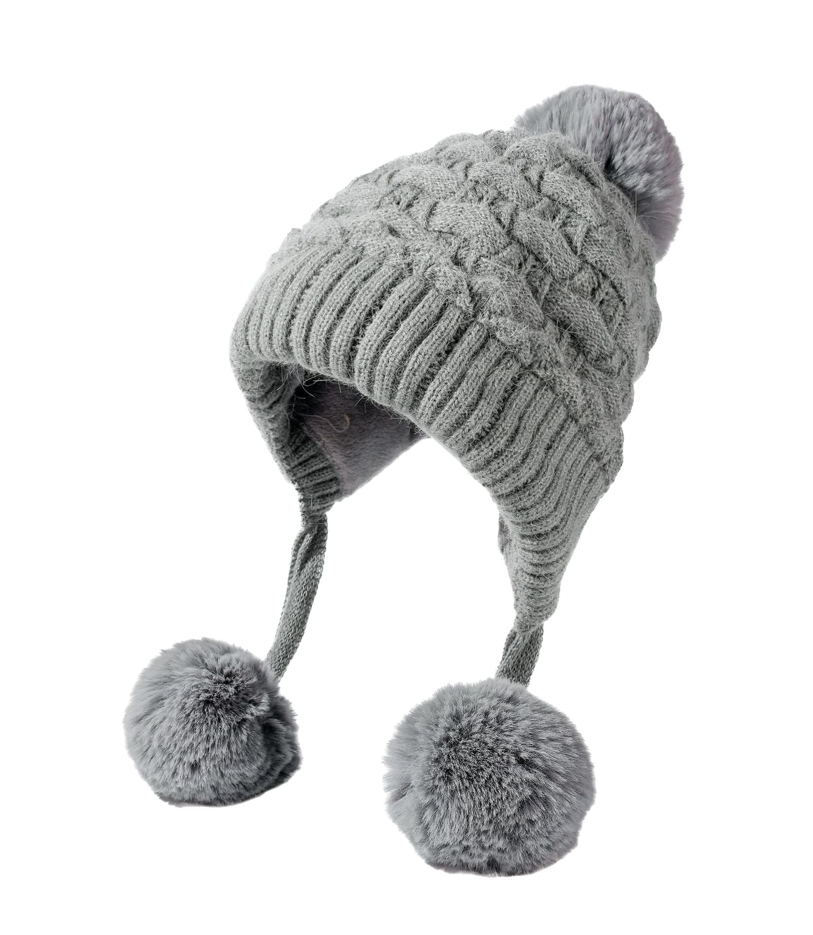 Women's Rabbit Fur Blend Knitted Beanie Hat with Pom Pom - Warm Winter Adjustable
