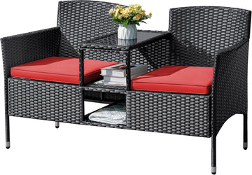 Outdoor Furniture Patio Loveseat Wicker 2-Seat with Built-in Table and Cushions Rattan Porch Chairs Bench for Balcony, Lawn, Backyard (Beige)